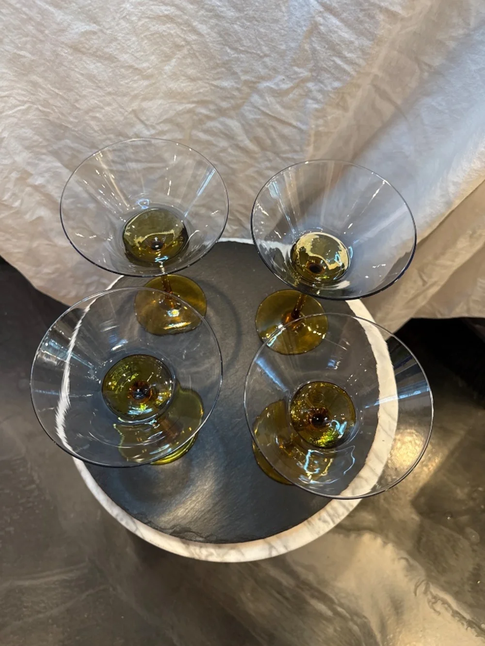 Set a four vintage pure one hand blown art glass martini Amber stem blue bowl